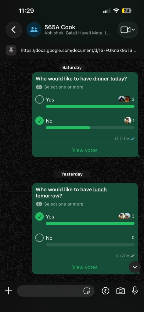 WhatsApp cook group with pinned Google Doc and poll messages for dinner and lunch